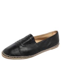 Chanel Black Leather CC Cap Toe  Espadrilles Flats Size 44