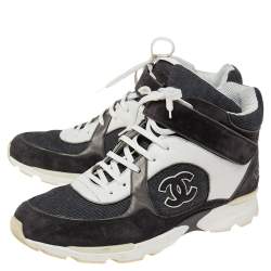 Chanel Grey/White Canvas And Leather CC High Top Sneakers Size 45