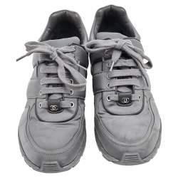 Pre Owned Chanel Grey/Black Nylon And Leather Low Top Sneakers Size 40.5