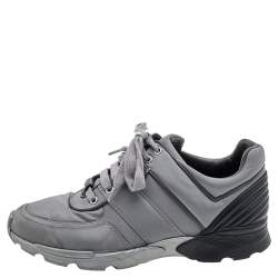 Pre Owned Chanel Grey/Black Nylon And Leather Low Top Sneakers Size 40.5