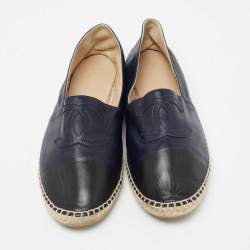 Chanel Navy Blue/Black Leather CC Cap-Toe Espadrille Flats Size 44