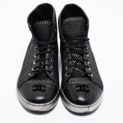 Chanel Black Mesh and Leather CC Cap Toe High Top Sneakers Size 40.5 