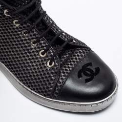 Chanel Black Mesh and Leather CC Cap Toe High Top Sneakers Size 40.5 