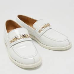 Chanel White Patent Leather Logo Chain Loafers Size 42