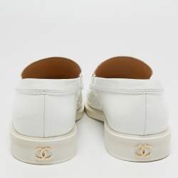 Chanel White Patent Leather Logo Chain Loafers Size 42