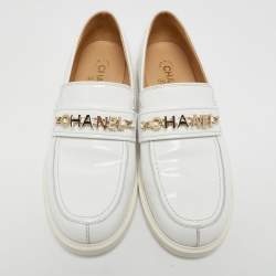 Chanel White Patent Leather Logo Chain Loafers Size 42