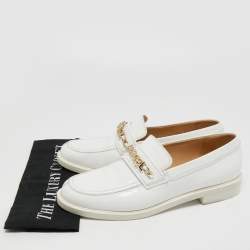 Chanel White Patent Leather Logo Chain Loafers Size 42
