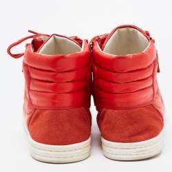 Chanel Red Leather and Nylon CC High Top Sneakers Size 41