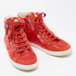 Chanel Red Leather and Nylon CC High Top Sneakers Size 41