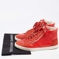 Chanel Red Leather and Nylon CC High Top Sneakers Size 41