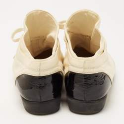 Chanel Cream/Black Leather and Patent CC Cap Toe Low Top Sneakers Size 42