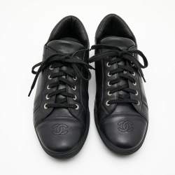 Chanel Black Leather CC Cap Toe Low Top Sneakers Size 44