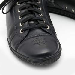 Chanel Black Leather CC Cap Toe Low Top Sneakers Size 44