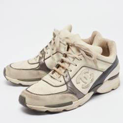 Chanel White/Grey Canvas and Gold CC Low  Top Sneakers Size 41