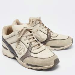 Chanel White/Grey Canvas and Gold CC Low  Top Sneakers Size 41