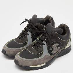 Chanel Grey/Black Leather and Suede CC Low-Top Sneakers Size 42