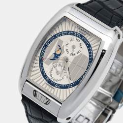 Charriol Silver White Stainless Steel Crocodile Leather Limited Edition Moonphase MD52.791.001 Men's Wristwatch 37 mm
