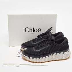 Pre Owned Chloé Nama Size 42 Black Knit Fabric and Suede Lace Up Sneakers