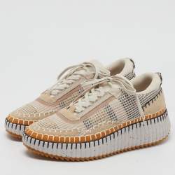Pre Owned Chloe Nama Size 43 Multicolor Knit Fabric and Suede Lace Up Sneakers