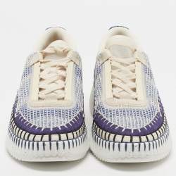 Pre Owned Chloe Nama Size 43 Navy Blue/White Knit Fabric and Suede Lace Up Sneakers