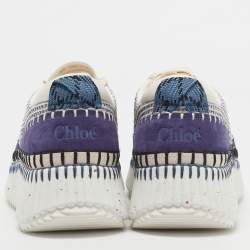 Pre Owned Chloe Nama Size 43 Navy Blue/White Knit Fabric and Suede Lace Up Sneakers