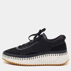 Pre Owned Chloe Nama Size 43 Black Knit Fabric and Suede Lace Up Sneakers
