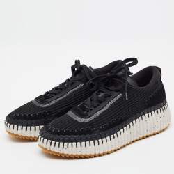 Pre Owned Chloe Nama Size 43 Black Knit Fabric and Suede Lace Up Sneakers