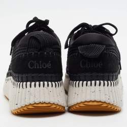 Pre Owned Chloe Nama Size 43 Black Knit Fabric and Suede Lace Up Sneakers