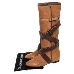 Pre Owned Chloe Brown Leather Cross Strap Knee Length Boots Size 38.5