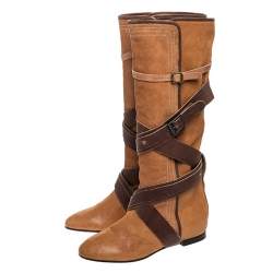 Pre Owned Chloe Brown Leather Cross Strap Knee Length Boots Size 38.5
