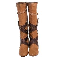 Pre Owned Chloe Brown Leather Cross Strap Knee Length Boots Size 38.5