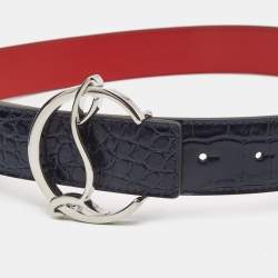 Christian Louboutin Navy Blue/Red Croc Embossed and Leather CL Logo Belt