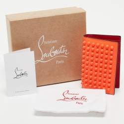 Pre Owned Christian Louboutin Neon Orange Leather Spikes Sifnos Wallet