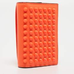 Pre Owned Christian Louboutin Neon Orange Leather Spikes Sifnos Wallet