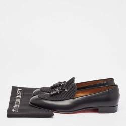 Christian Louboutin Black Leather and Woven Fabric Tassel Detail Loafers Size 43
