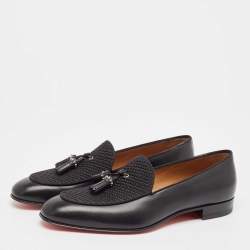 Christian Louboutin Black Leather and Woven Fabric Tassel Detail Loafers Size 43