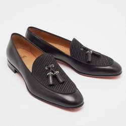 Christian Louboutin Black Leather and Woven Fabric Tassel Detail Loafers Size 43