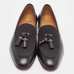 Christian Louboutin Black Leather and Woven Fabric Tassel Detail Loafers Size 43