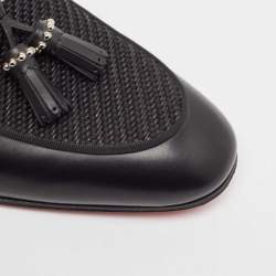 Christian Louboutin Black Leather and Woven Fabric Tassel Detail Loafers Size 43