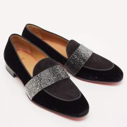 Christian Louboutin Black Velvet and Suede Crystal Embellished Loafers Size 43