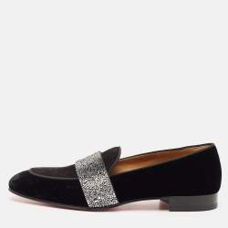 Christian Louboutin Black Velvet and Suede Crystal Embellished Loafers Size 43