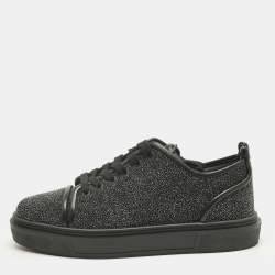 Pre Owned Christian Louboutin Black Glitter and Leather Adolon Low Top Sneakers Size 41.5