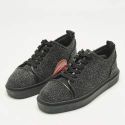 Pre Owned Christian Louboutin Black Glitter and Leather Adolon Low Top Sneakers Size 41.5