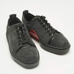 Pre Owned Christian Louboutin Black Glitter and Leather Adolon Low Top Sneakers Size 41.5