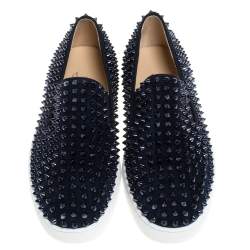 Pre Owned Christian Louboutin Navy Suede Roller Boat Spiked Slip On Sneakers Size 41