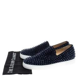 Pre Owned Christian Louboutin Navy Suede Roller Boat Spiked Slip On Sneakers Size 41