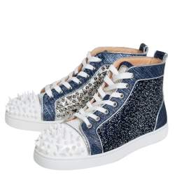 Pre Owned Christian Louboutin Denim Blue Silver White Lou Degra Spikes Studded Hi High Top Sneakers Size 40