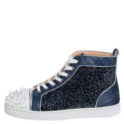 Pre Owned Christian Louboutin Denim Blue Silver White Lou Degra Spikes Studded Hi High Top Sneakers Size 40