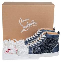 Pre Owned Christian Louboutin Denim Blue Silver White Lou Degra Spikes Studded Hi High Top Sneakers Size 40