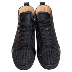 مملوكة مسبقًا Christian Louboutin Black Leather And Cotton Fabric Lou Spikes 2 High Top Sneakers Size 40